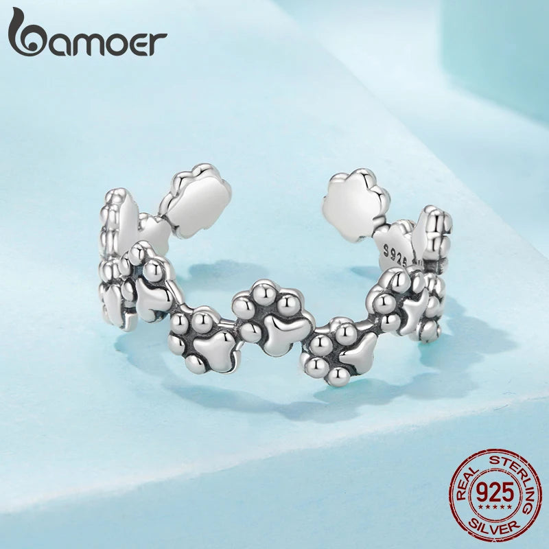 BAMOER 925 Sterling Silver Pet Paw Jewelry Set Lovely Dog Print Open Ring Mini Stud Earring Gift for Women Family Love Jewelry