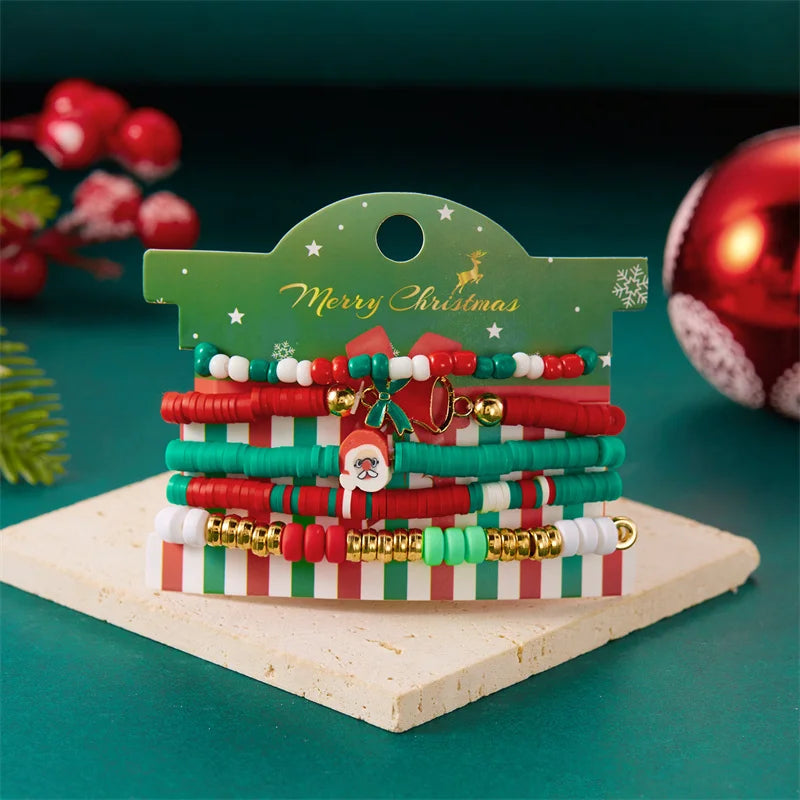 5Pcs Multilayer Beaded Bracelet Set For Women Multicolor Rice Beads Christmas Tree Santa Claus Snowman Bangle New Year Jewelry