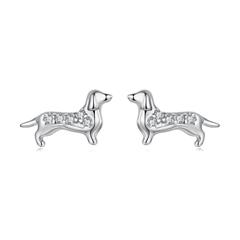 WOSTU 925 Sterling Silver Mini AAA Zircon Pet Cat Dog Stud Earrings For Women Lovely Poodle Dachshund Animal Studs Family Gift