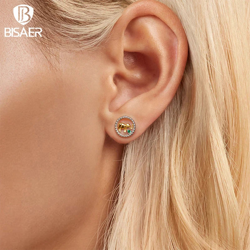 Boucles d'oreilles à tige en argent sterling 925 BISAER en forme d'éléphant doré bicolore plaqué or blanc pour femme, bijoux fins de fête