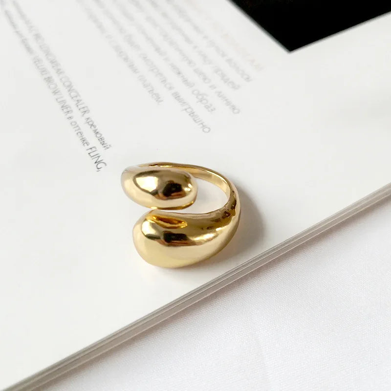 Punk Rock Waterdrop Shape Opening Rings for Women Gold Color Teardrop Chunky Polished Stainless Steel Metal Ring Jewelry Bijoux