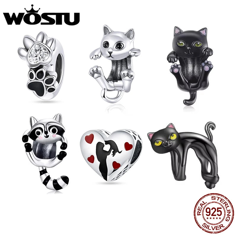 WOSTU 100% 925 Sterling Silver Cute Kitty Black Cat Charms Animal Bead for Women Fit Original DIY Bracelet Necklace Jewelry Gift