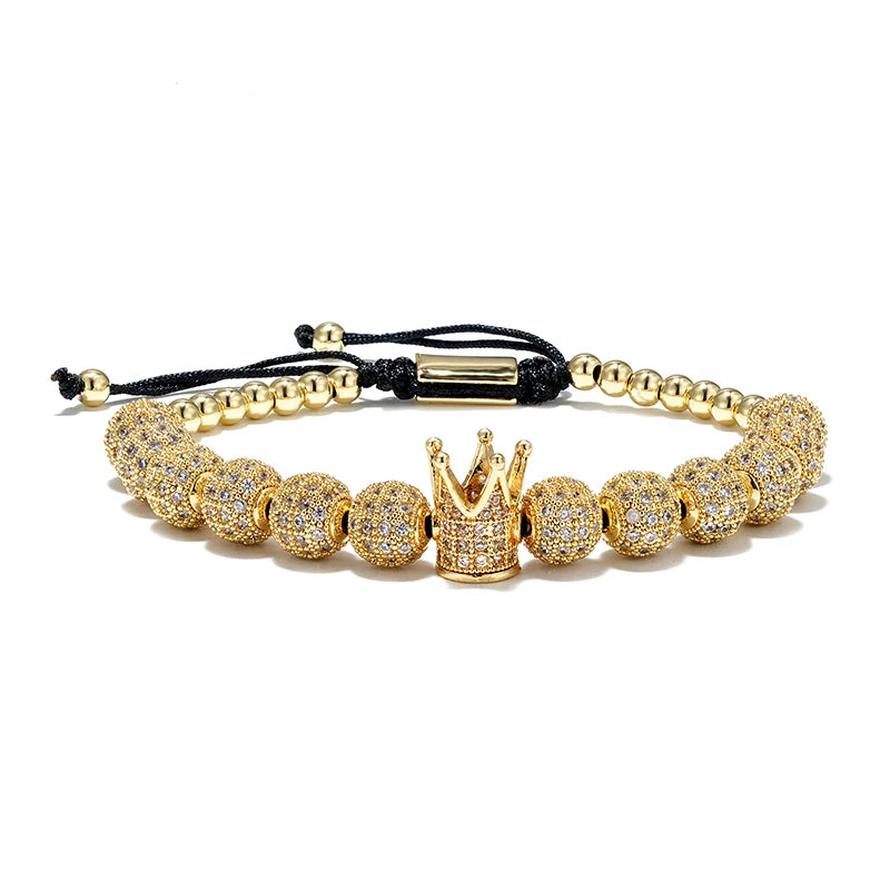 MKENDN Micro Pave CZ Round Beads Luxury Crown Men Bracelet 316L Stainless Steel Bracelet Gold Color Bracelet Adjustable Gifts