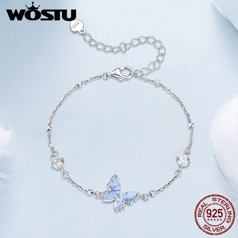 WOSTU 925 Sterling Silver Blue Butterfly Charm Bracelet for Women, Shiny Zircon Beaded Chain Links Enamel process Insect Jewelry
