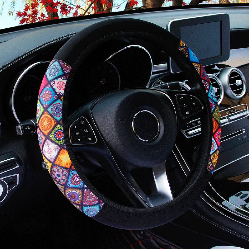 Cherry blossom chrysanthemum check spider web diving fabric printed car without inner ring steering wheel cover 38CM women's - Madeinsea©