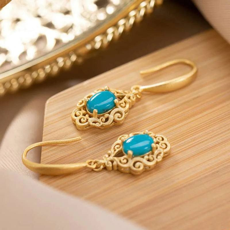 100% 14K Gold  Earring for Women Natural turquoise Gemstone earrings Bohemia Engagement Aros Mujer Oreja 14 K Gold Earring Box