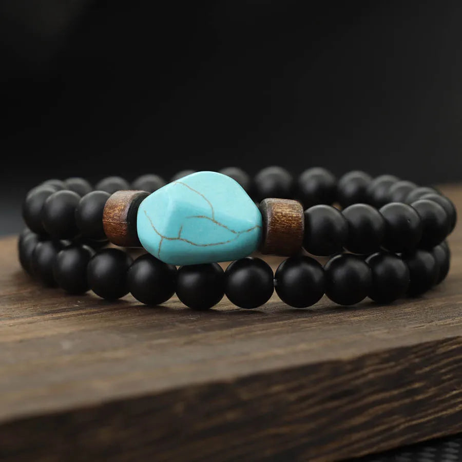 Stylish 2Pcs Men Bracelet Set Irregular Natural Turquoise Stone Strand Braslet Volcanic Rock Healing Braclet Leisure Pulseira