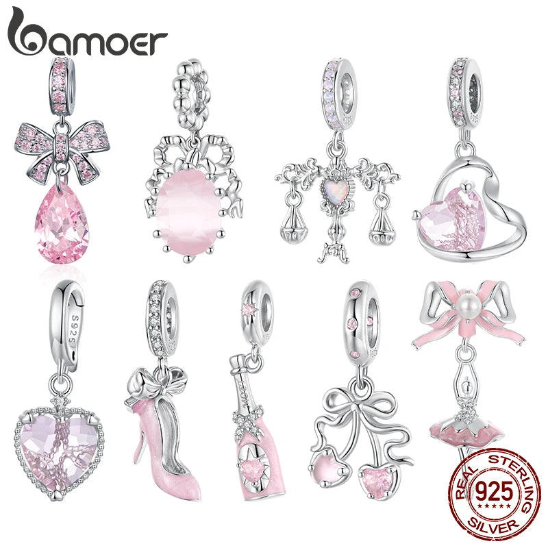 BAMOER 925 Silver Pink Party Series Pendant Transparent Bow Beads for Women Sweet Girl DIY Birthday Gift Jewelry Accessories