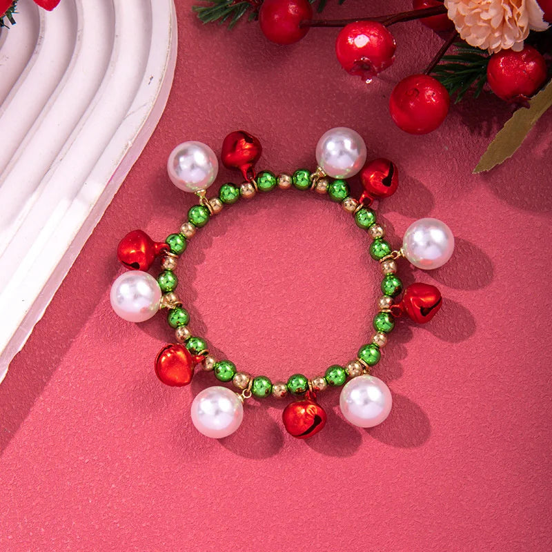 Christmas Multicolor Beads Beaded Bracelet For Women Shiny Crystal Zircon Elk Bell Star Imitation Pearl Bangle New Year Jewelry