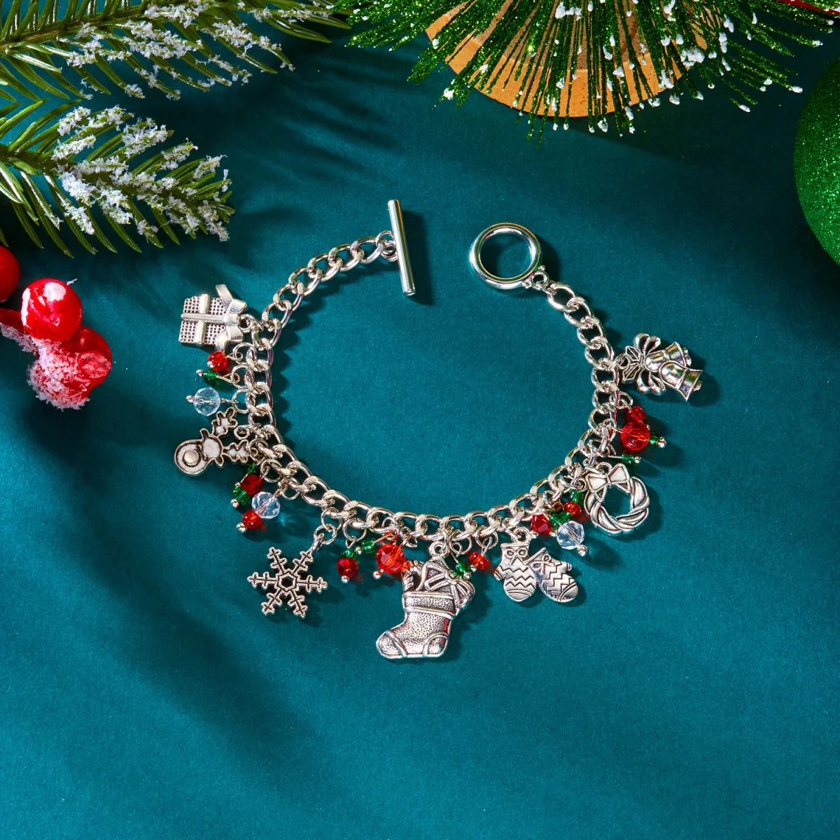 Christmas Bracelet Snowflake Santa Claus Snowman Deer Xmas Tree Wreath Imitation Pearl Crystal Beads Tassel Bangle For Women Men
