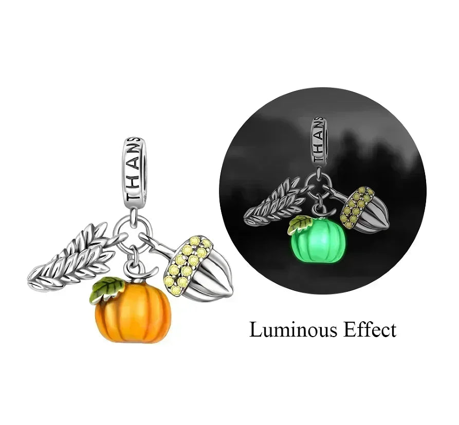 Halloween 925 Sterling Silver Skull Charm Luminous Pumpkin Bat Ghost Coffin Bead Pendant Ring Necklace Bracelet DIY Jewelry Gift