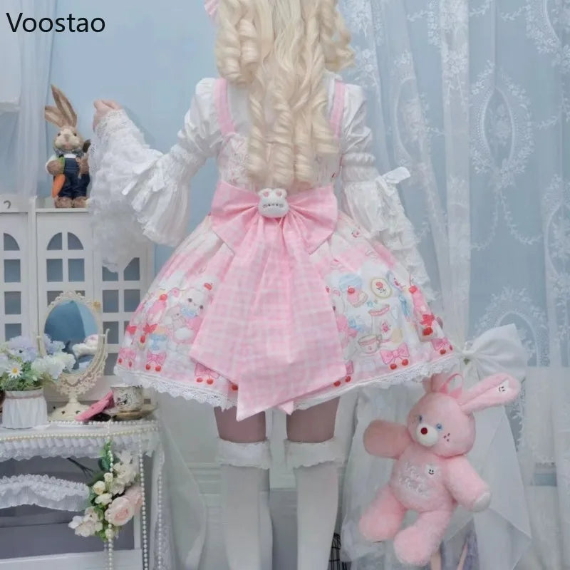 Japanese Sweet Lolita Jsk Dress Women Kawaii Cartoon Cat Print Bow Lace Ruffles Strap Dress Girls Cute Tea Party Mini Dresses