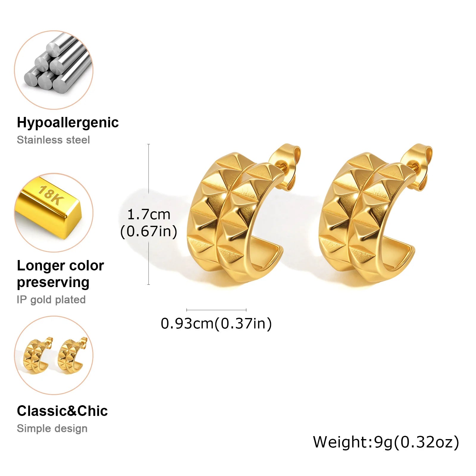 Boucles d'oreilles Vnox pour piercing cartilage femme, boucles d'oreilles larges en acier inoxydable de forme irrégulière en C, bijoux plaqués or