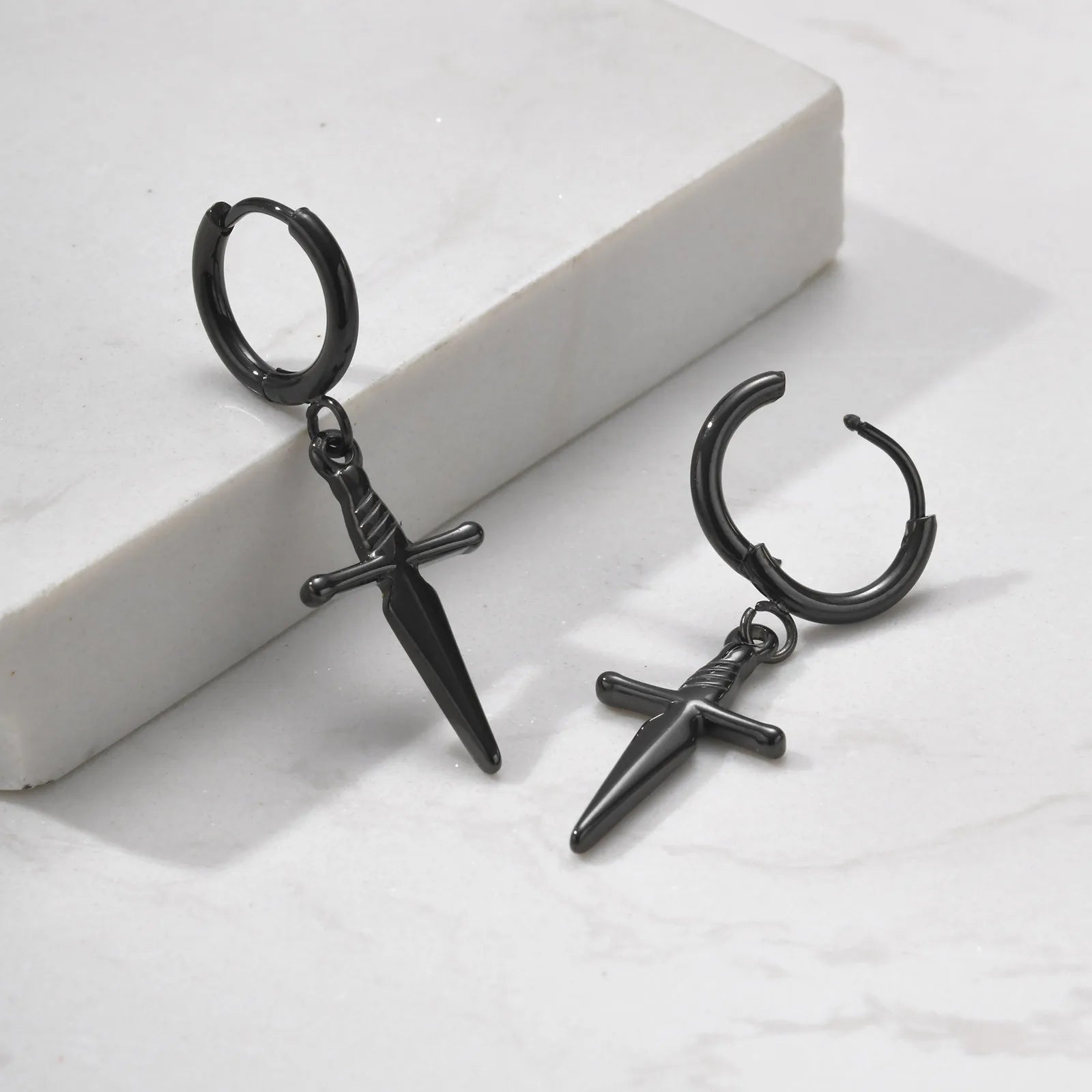 Vnox Gothic Dagger Sword Dangle Drop Earrings for Men Boys, Minimalist Stainless Steel Hoops,Hypoallergenic Fashion  Jewelry