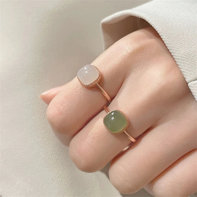 Fashion Vintage Square Imitation Jade Rings For Woman Chinese Style Simple Geometric Adjustable Finger Ring Party Jewelry Gifts