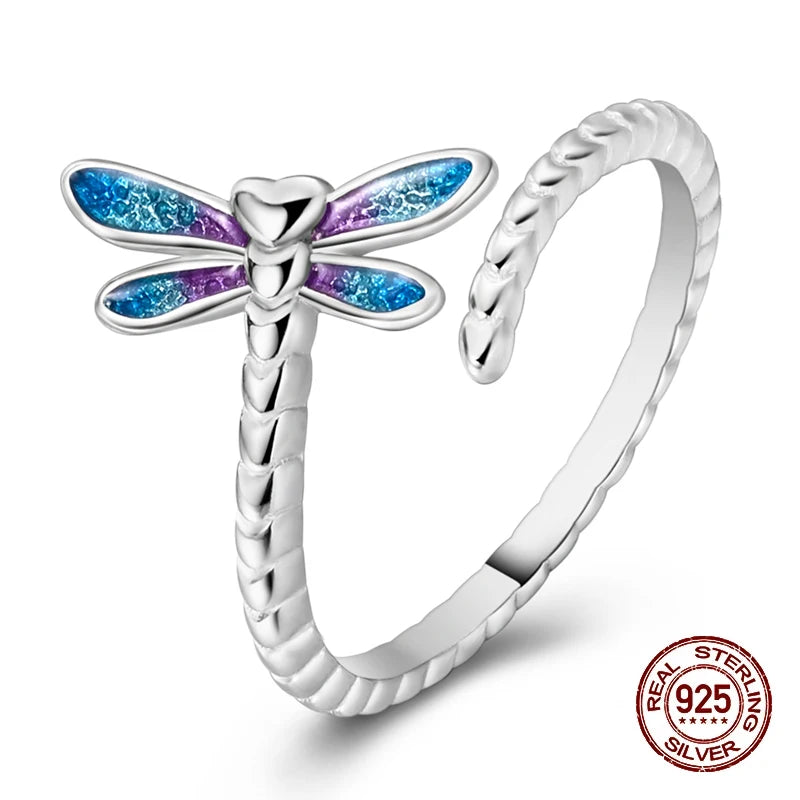 Rings For Women 100% 925 Sterling Silver Shiny Dragonfly Heart Shaped Hollow Open Rings Fine Wedding Engagement Jewelry Gift