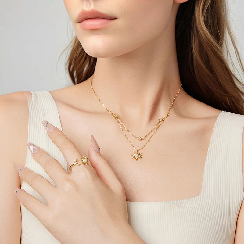 WOSTU Double Layer Zircon Chain Links 925 Sterling Silver 18K Gold Pink Opal Sun Moon Pendant Necklace Wedding Party Jewelry Gif