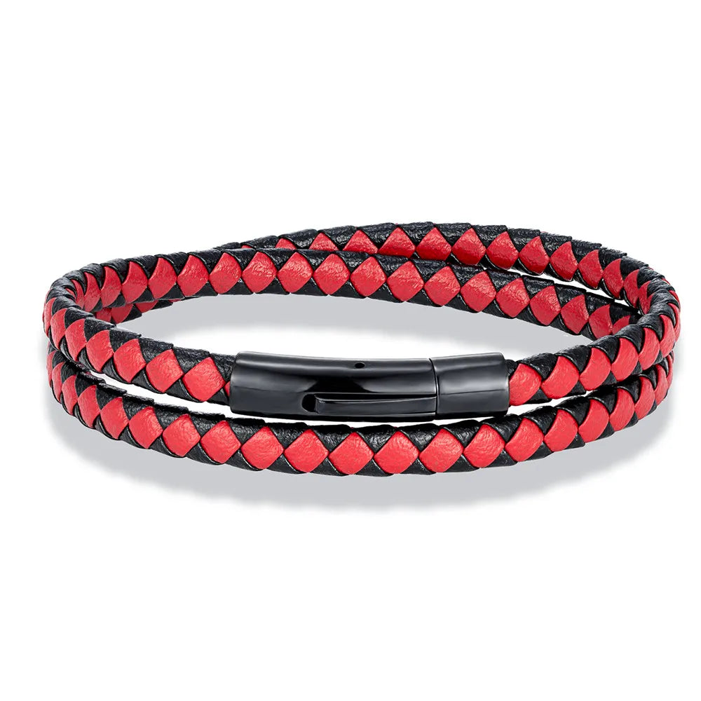 MKENDN Klassisches, schlichtes, blau-schwarzes geflochtenes Lederarmband für Herren und Damen, handgefertigt, gewebt, doppellagiges Design, Edelstahlschmuck