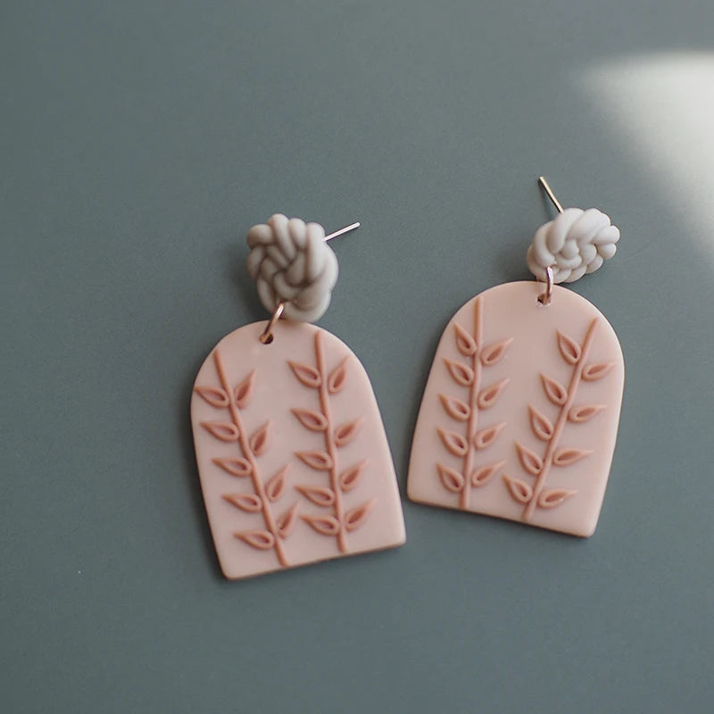 Leaves Heart Earthy Colors Arch Natural Handmade Polymer Clay Braided Pattern Earrings Dangle Sets Women Jewelry Holiday Wear