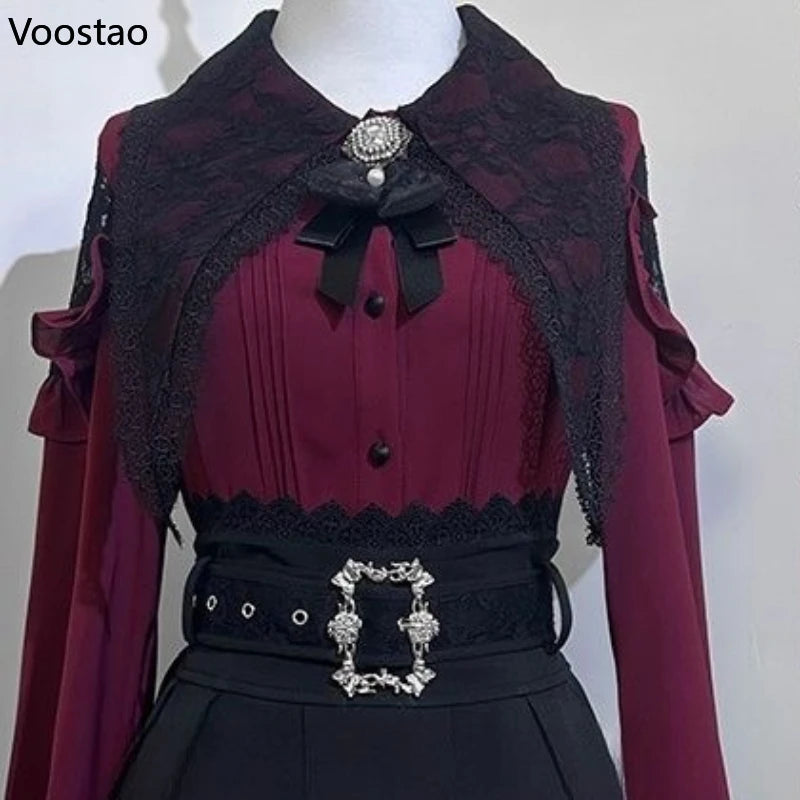 Y2k Aesthetic Lolita Skirt Set Japanese Gothic Bow Lace Off Shoulder Long Sleeve Shirt Mini Skirts Suit Harajuku Sweet Outfits