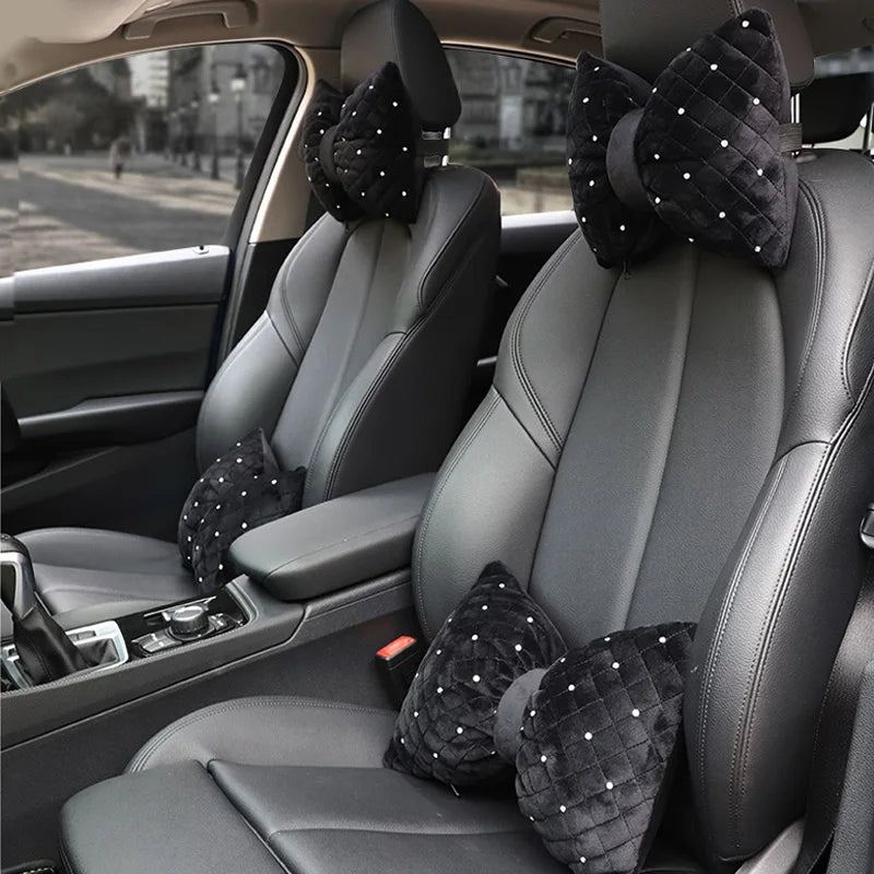 1PC Quality Diamond Bowknot Car Neck Pillow Rhinestone Auto Headrest Seat Support Waist Pillows Crystal Car Interior Accessories - Madeinsea©
