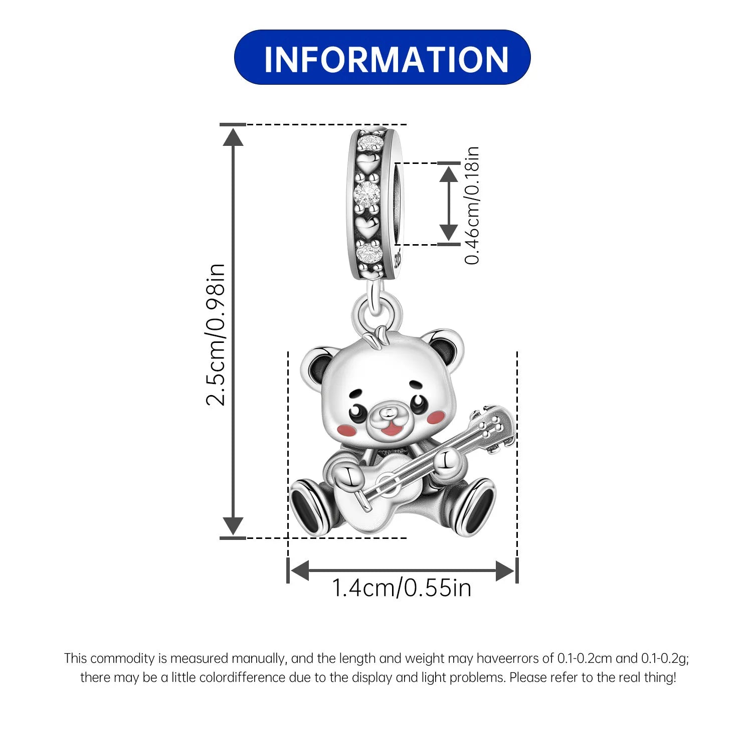PANPOKI 925 Sterling Silver Bear Playing Guitar Beads Original Pendants Bracelet Charm Jewelry DIY Necklace Bracelet Fine Gifts