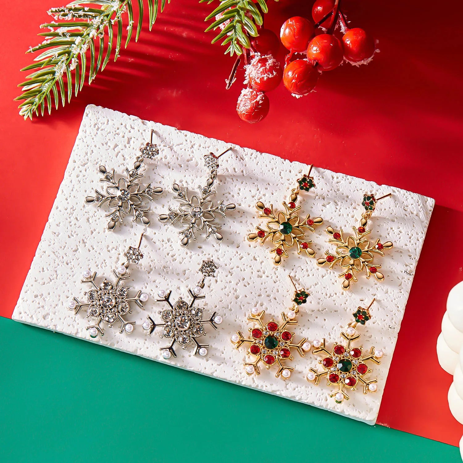 Christmas Rhinestone Snowflake Stud Earrings For Women Colorful Crystal Zircon Pearl Piercing Earring New Year Party Jewelry