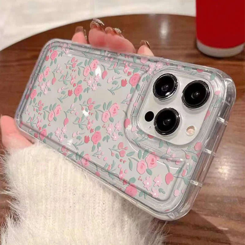 Pink Flower Strawberry Clear Phone Case For iPhone 14 13 11 12 15 16 17 Air Pro Max 16E SE2 7 8 Plus Airbag Shockproof Cover