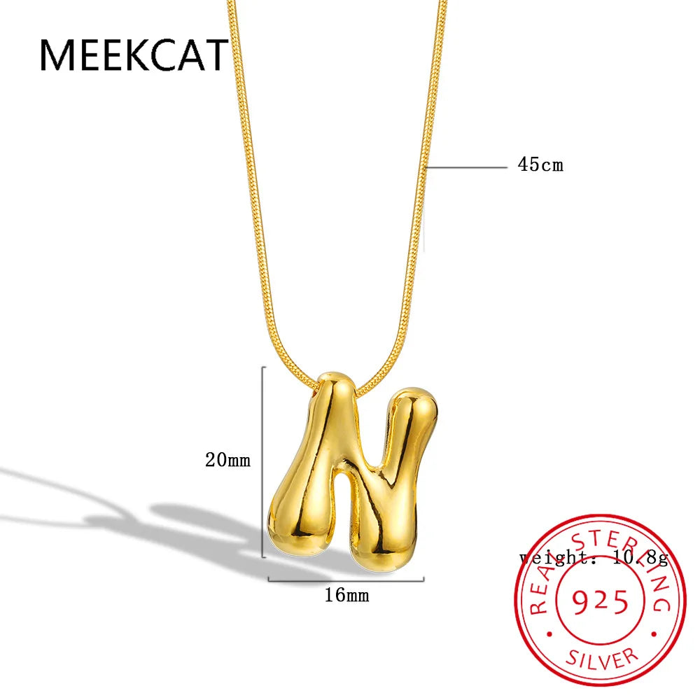 Collares 925 Sterling Silver Chunky Alphabet Balloon Bubble Initial Letter Pendant Necklace for Women Men Charm Necklaces