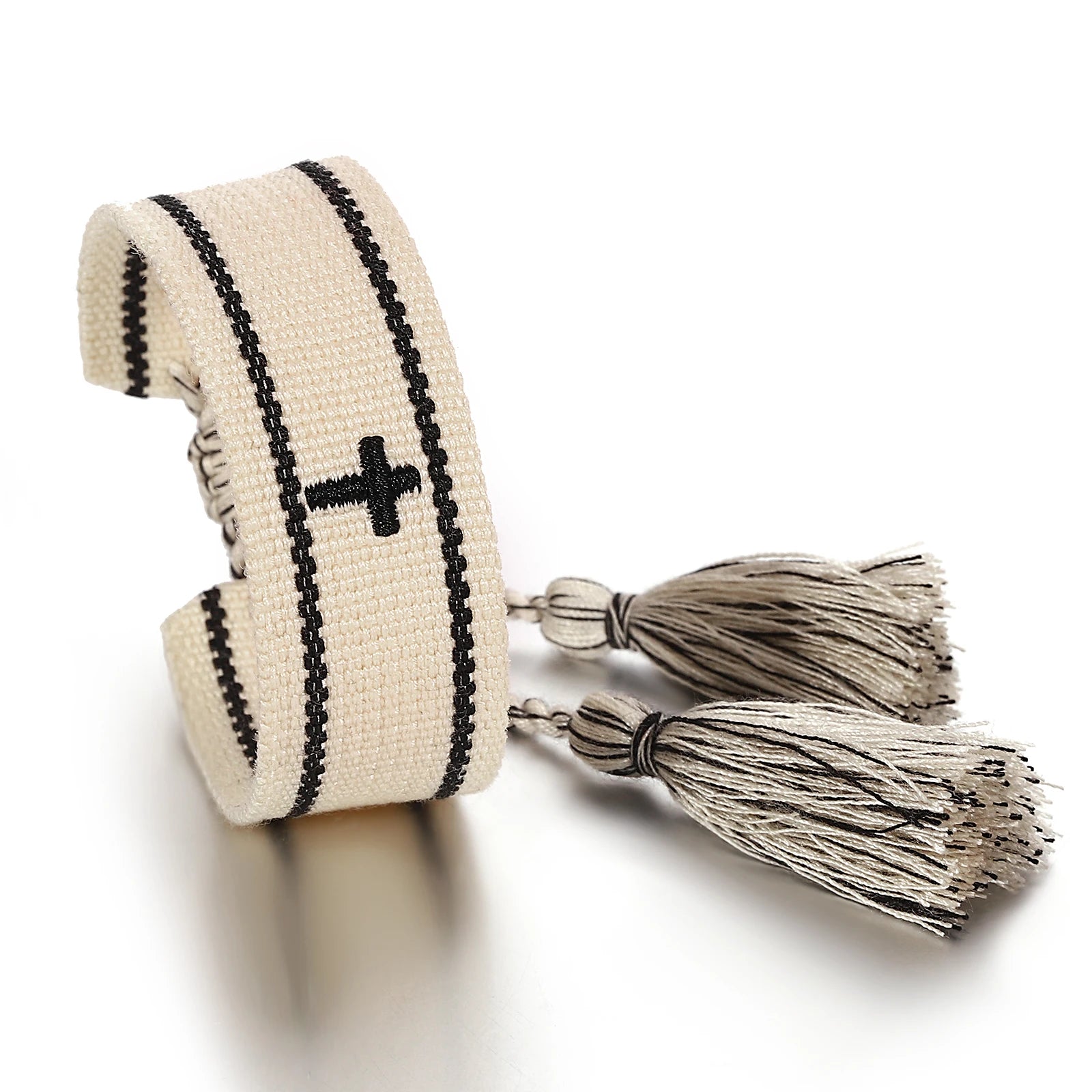 ANESOA Cross Stitch Wrist Strap Bohemia Hand-woven Tassel Bangle For Women Embroidery Personality Cotton Rope Webbing Bracelet