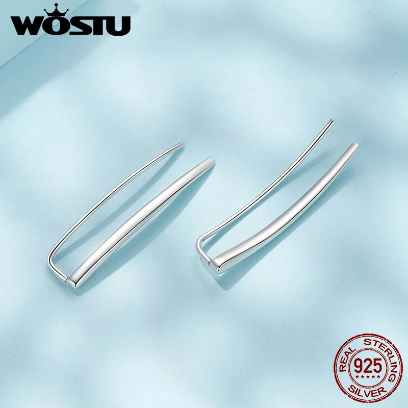 WOSTU 925 Sterling Silver Long Stud Earrings Line Metal Oxidized Simple Unique Original for Women Birthday Daily Fine Jewelry