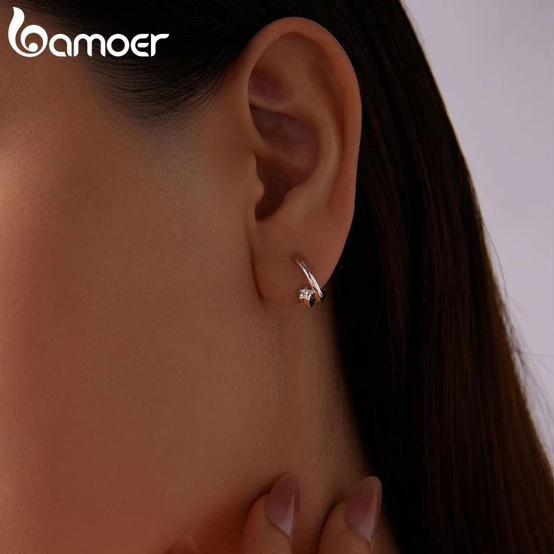 Bamoer 925 Sterling Silver CZ Starlight Jewelry Set Double Layer Star Hoop Huggies Earrings for Women Teen Minimalist Party Gift