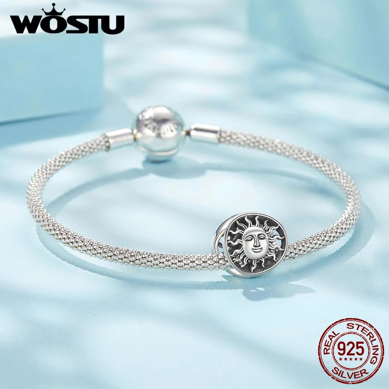 WOSTU Solid Vintage 925 Sterling Silver Sun God Pendant Charm Retro Hollow Beads fit Bracelet DIY Jewelry Anniversary Gift