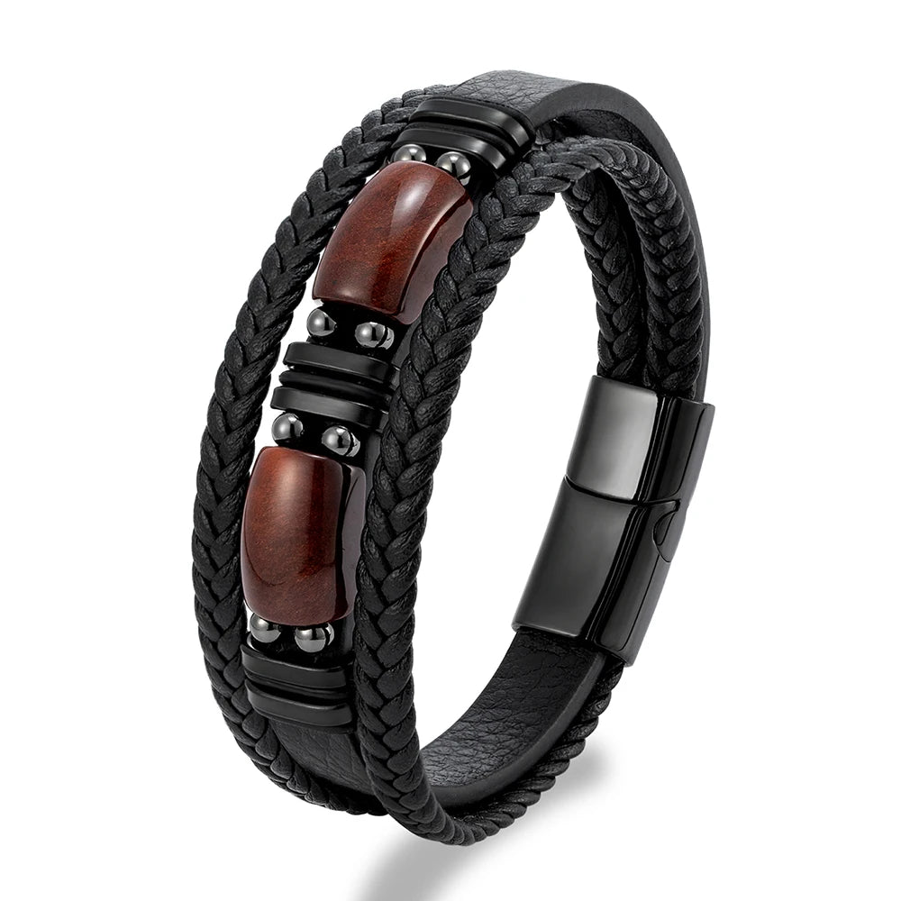 MKENDN Natural Tiger Eye Stone Men Bracelet Handmade MultiLayer Braided Leather Bangles Black Stainless Steel Jewelry