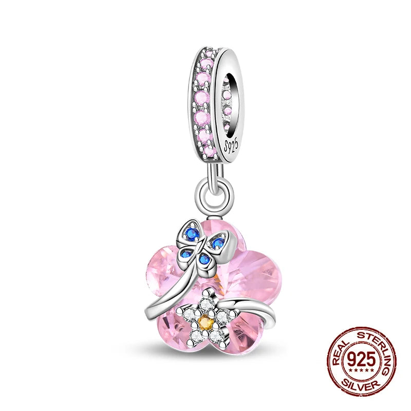 100% 925 Sterling Silver Glowing Planet Zircon Flower Fairy Four Leaf Clover Charms Bead Fit Original Bracelets DIY Jewelry Gift