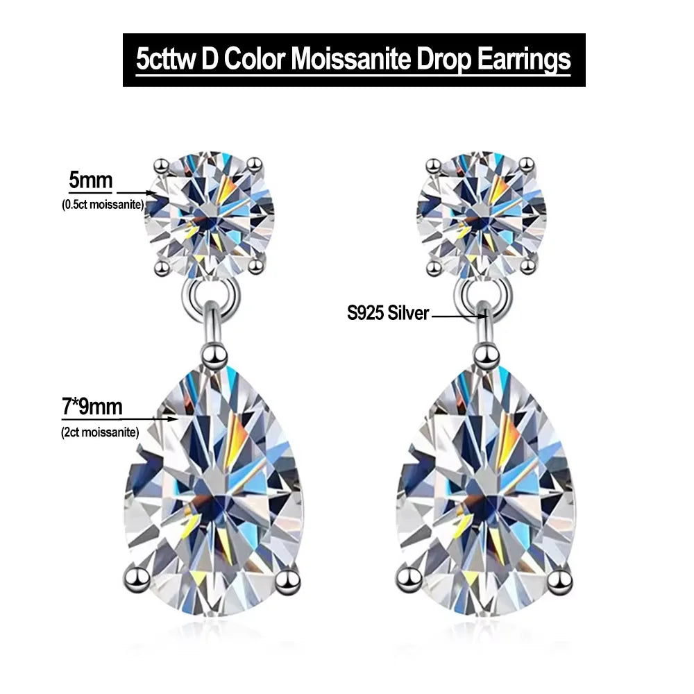 Serenity 5cttw D Color Moissanite Earrings for Women 100% S925 Sterling Silver Plated 18K Lab Diamond Drop Earrings Fine Jewelry