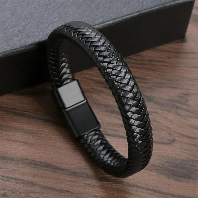 Fashion Punk Men Jewelry Black Braided Leather Bracelet Stainless Steel Magnetic Clasp Fashion Bangles Gift 18.5/22/20.5cm