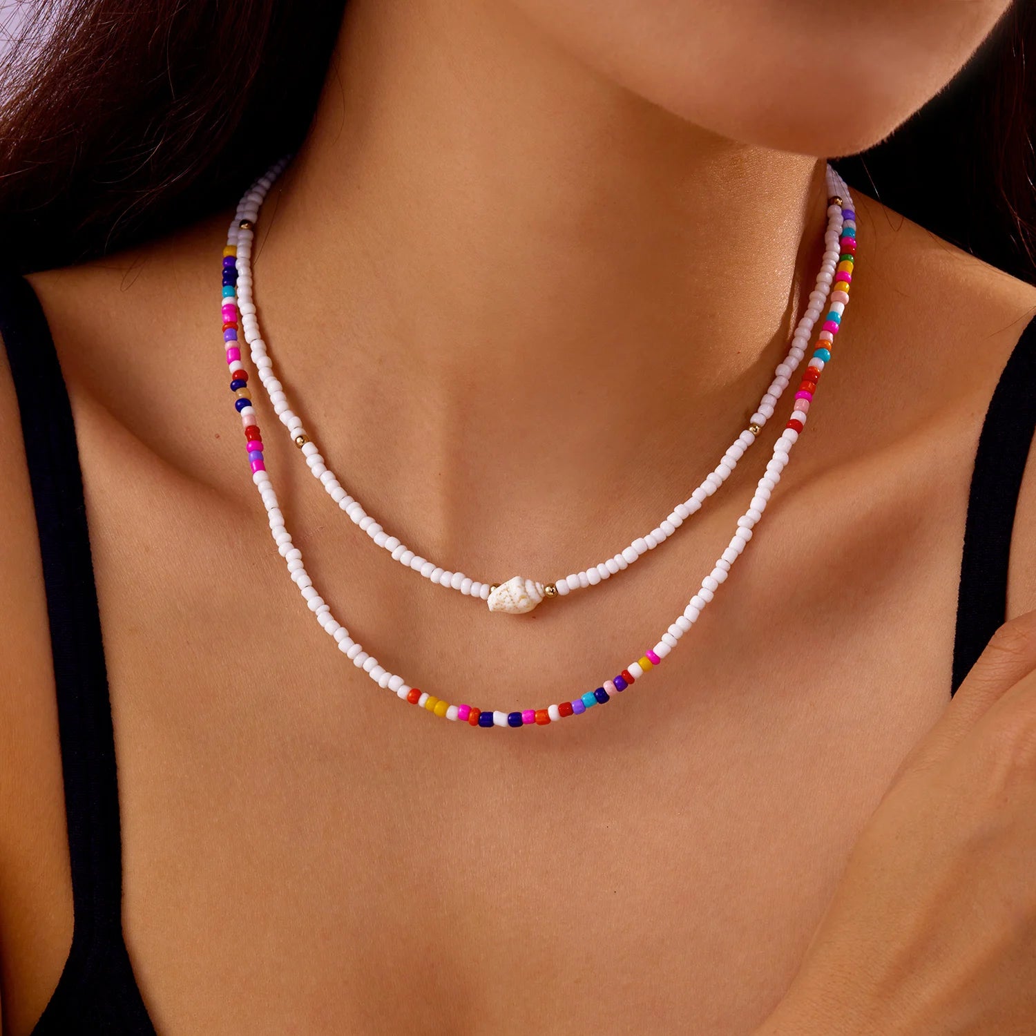 Bohemian Multilayer Starfish Sea Shell Rice Beads Necklace For Women Vintage Fishtail Pearl Conch Clavicle Choker Beach Jewelry