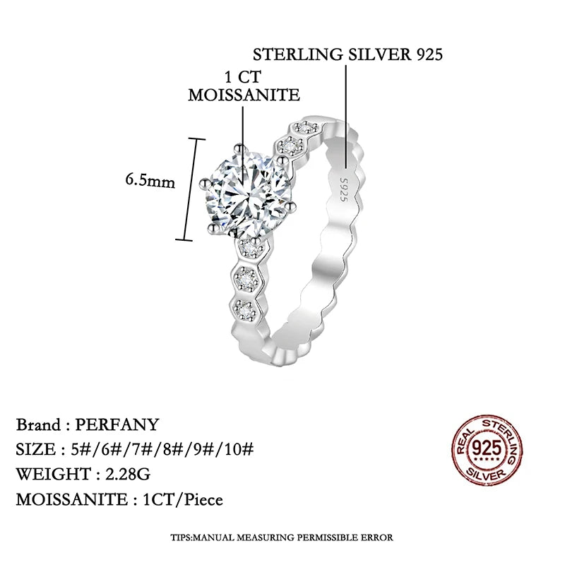 PERFANY 0.5/1CT Moissanite Ring for Women S925 Pure Silver Honeycomb Design Certified Diamond Wedding Band Luxury Jewelry - Madeinsea©