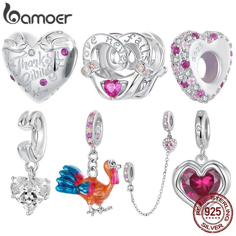 Bamoer 925 Sterling Silber Thanksgiving Truthahn Anhänger mit roten Herzperlen für Damen Armband Accessoires DIY Weihnachtsgeschenk