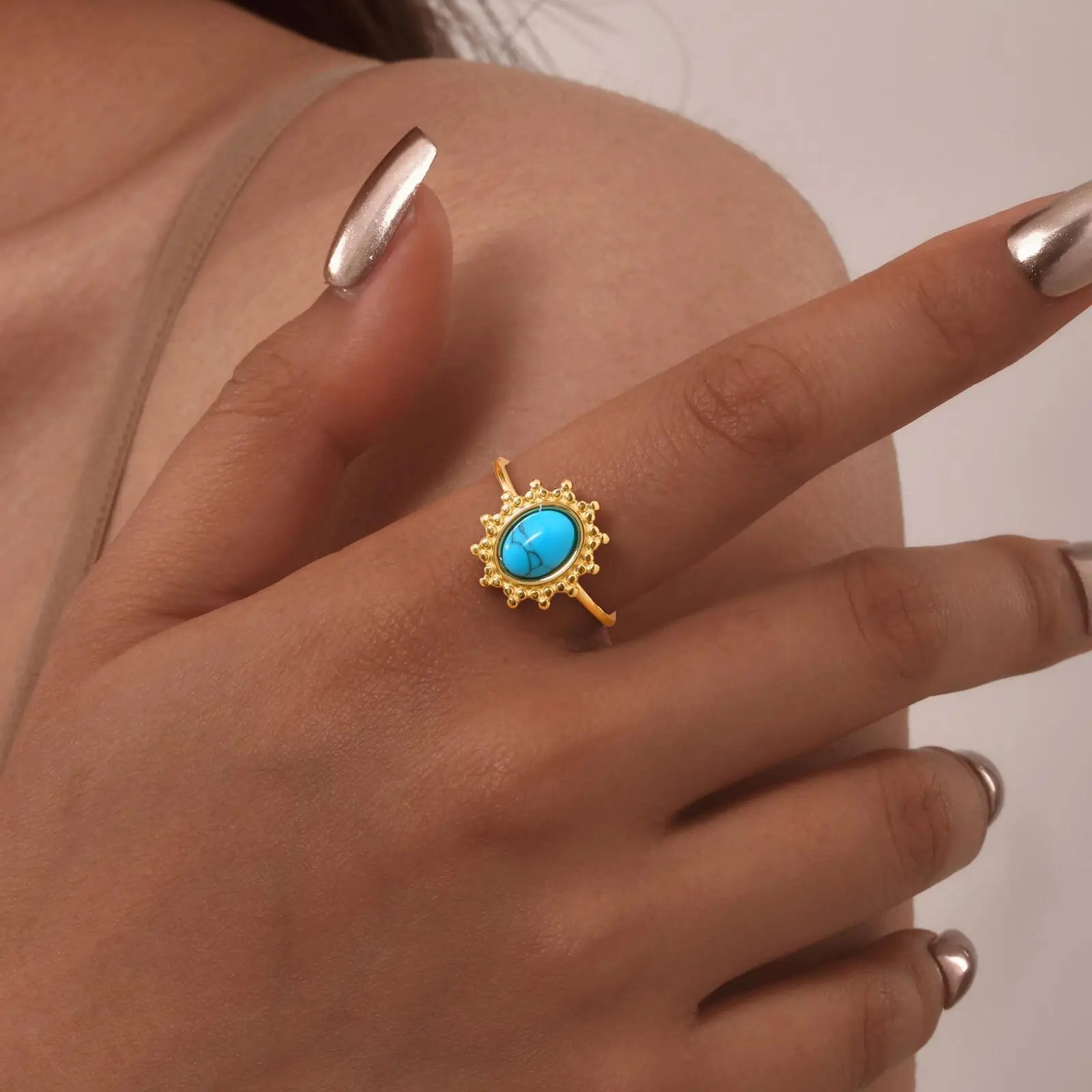 Vnox Stainless Steel Sun Turquoise Opal Rings For Women Gold Color Oval Round Opal Rings Aesthetic Ring Jewelry Wedding Party
