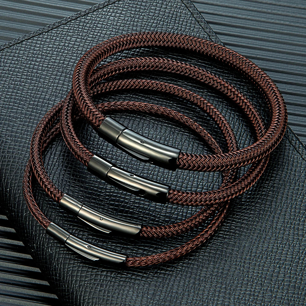 MKENDN Punk Simple Style Men Jewelry Coffee Non-fading Steel Wire Rope Bracelet Classic Cuff Charm Bracelet for Men Male Gifts