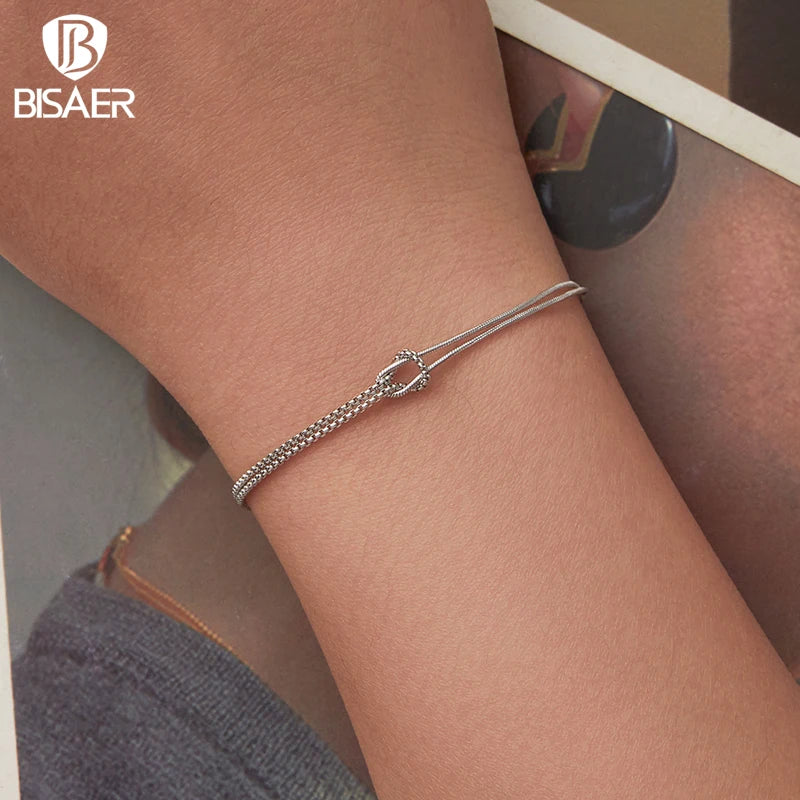 BISAER 925 Sterling Silver Crossed Bracelet Double Layer Adjustable Chain Plated White Gold for Women Wedding Fine Jewelry Gift