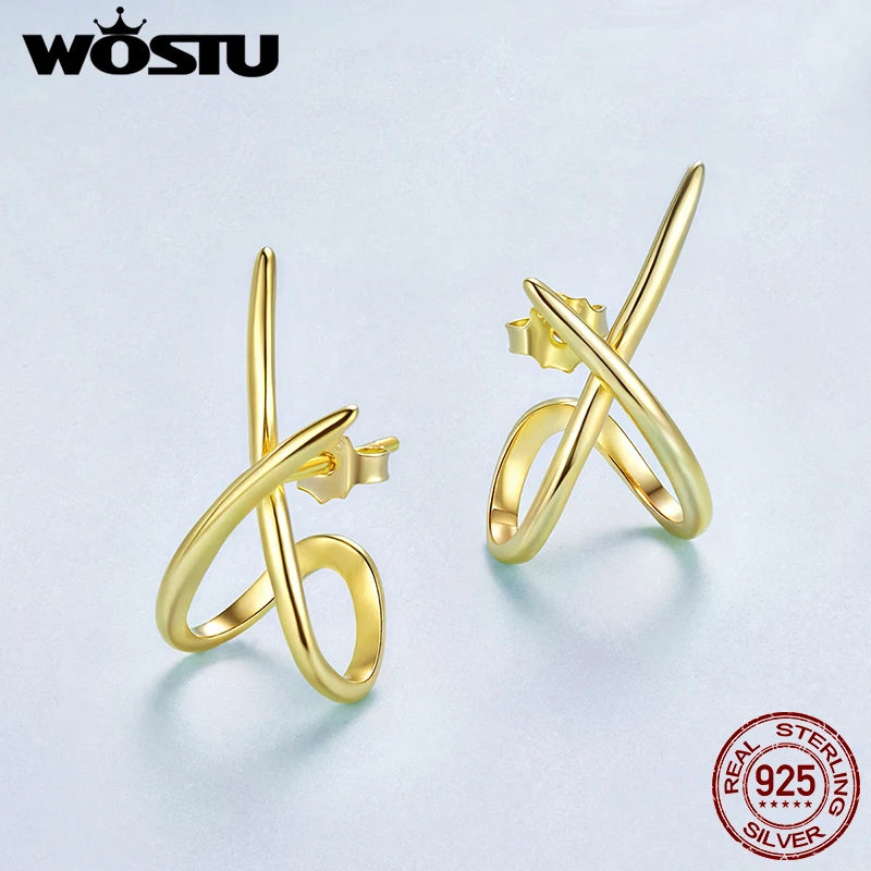 WOSTU 925 Sterling Silver Simple X Shape Earrings Line Ears Stud Plated Gold Original for Women Birthday Fine Jewelry New Gift