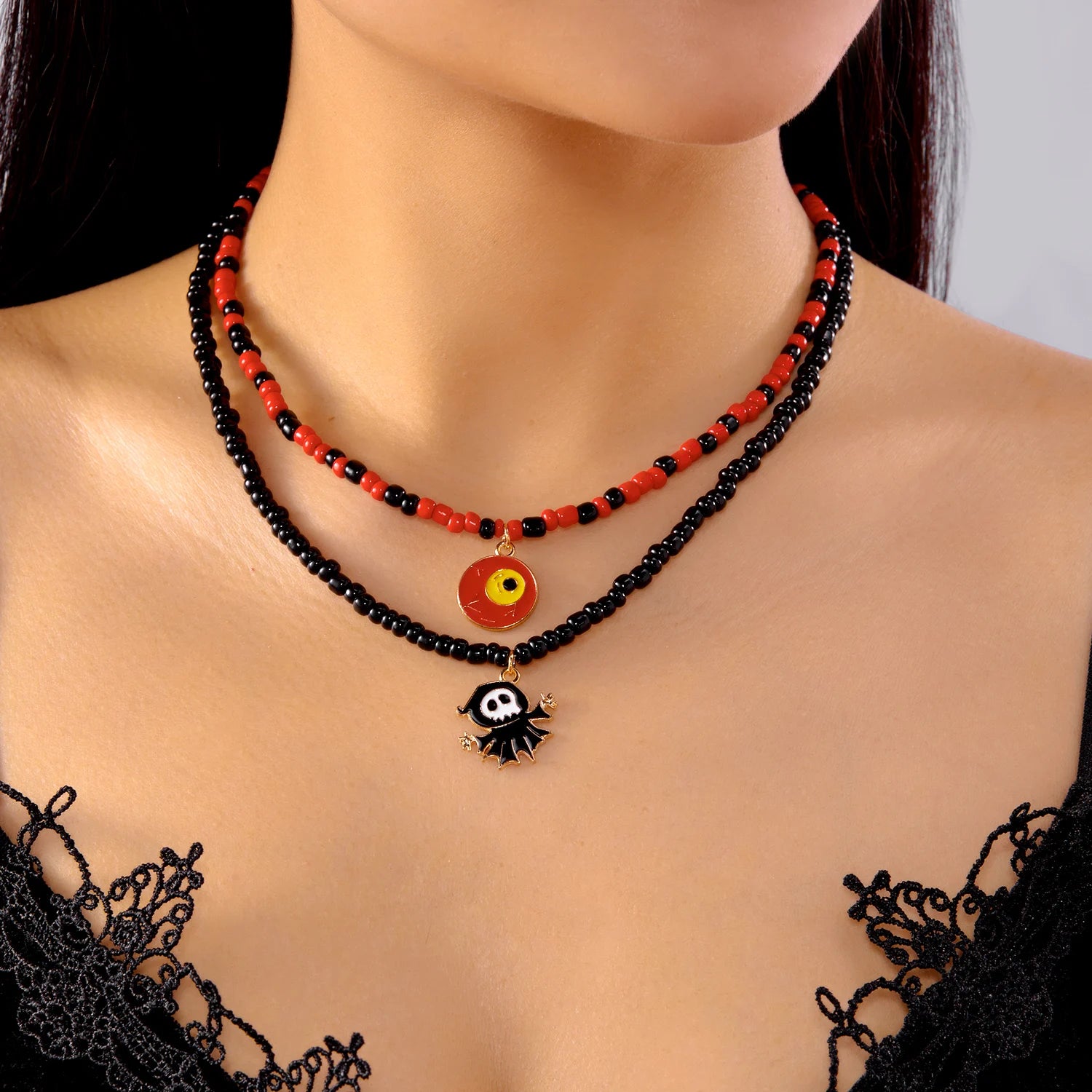 Halloween Mixed Color Rice Beads Necklace for Women Ghost Pumpkin Skull Black Bat Pendant Beaded Clavicle Choker Party Jewelry