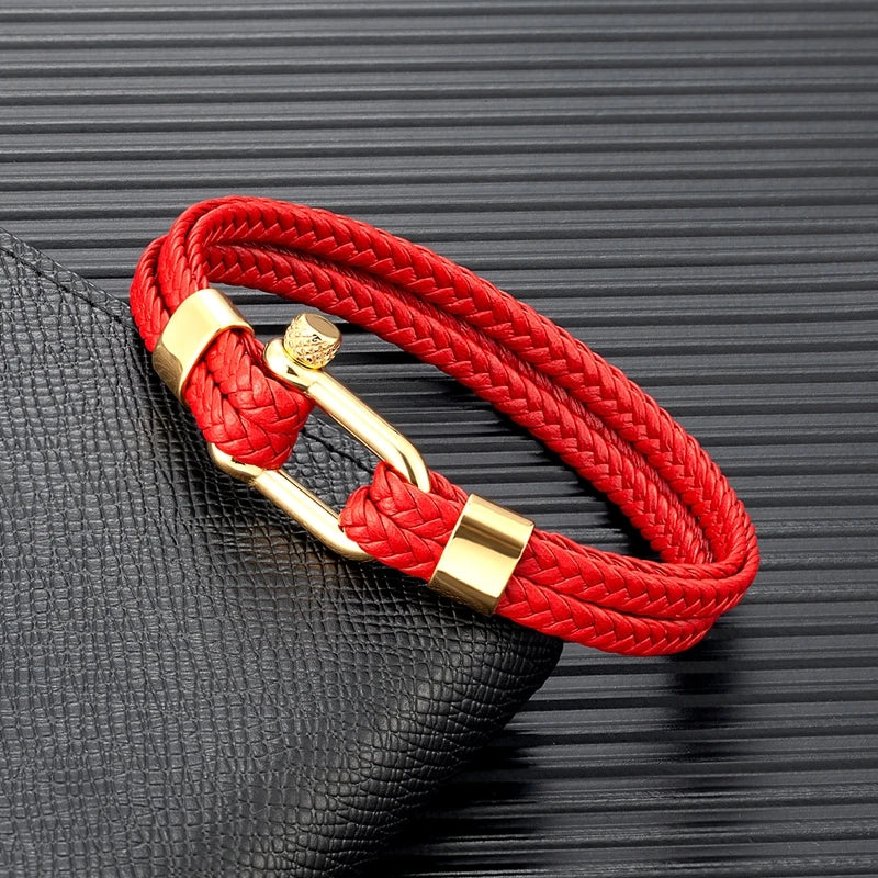 MKENDN Navy Style Men U-shape Shackle Bracelet Woven Multilayer Leather Bracelets For Women Stainless Steel Sport Buckle