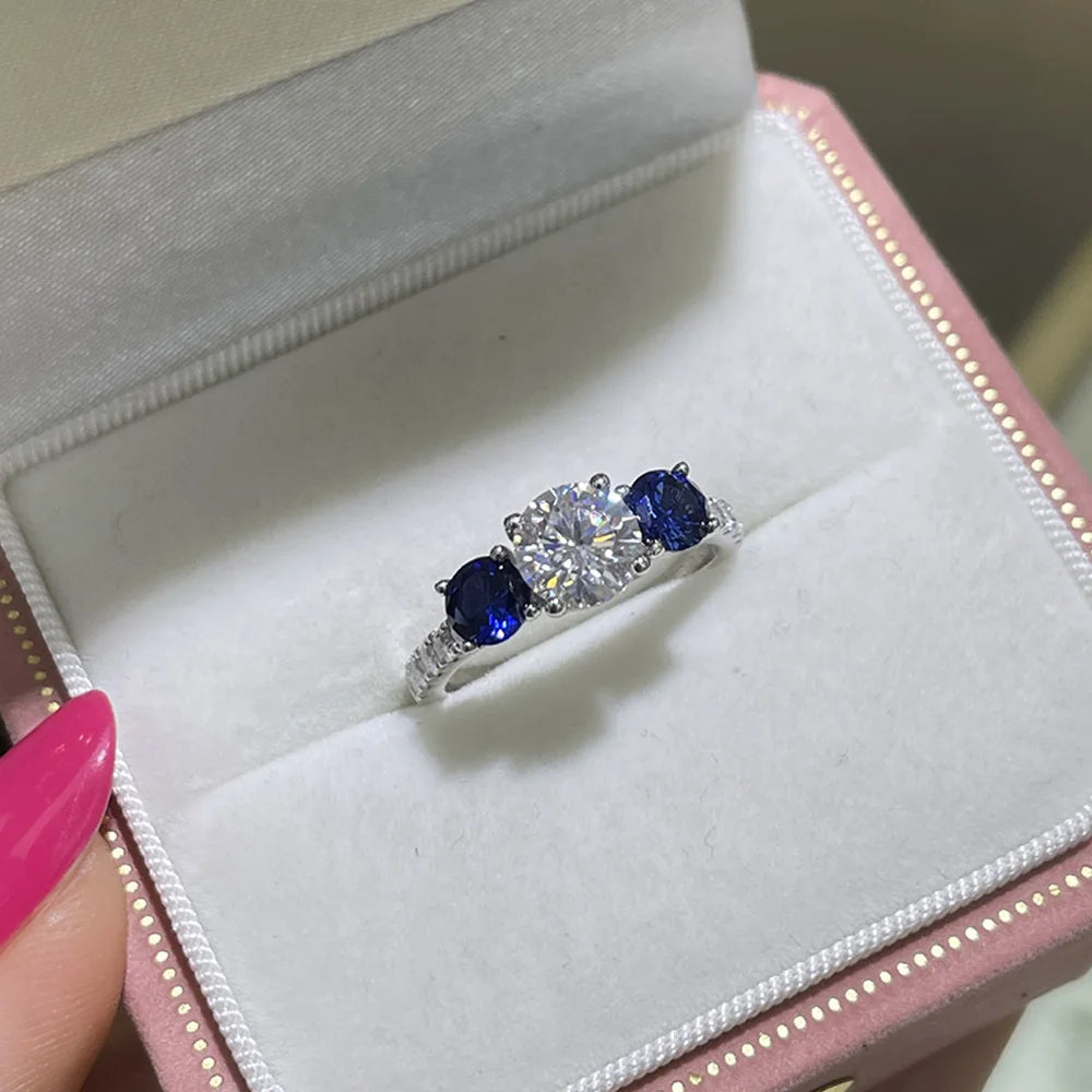 Serenity Lab Cultured Sapphires Diamond Row Rings Women Gift Solid 925 Silver 1.25ct D Color Moissanite Rings Plated 18K Jewelry - Madeinsea©