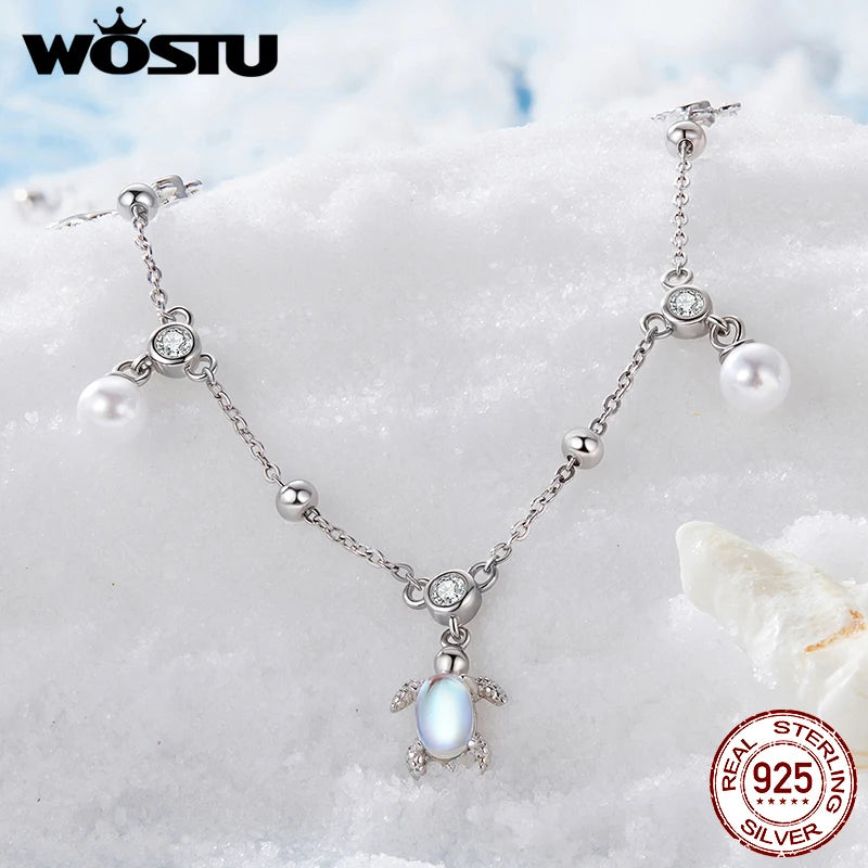 WOSTU 925 Sterling Silver Turtle Starfish Anklet Foot Jewelry for Women Pearl Zircon  Summer Beach Anklets Holiday Jewelry Gift