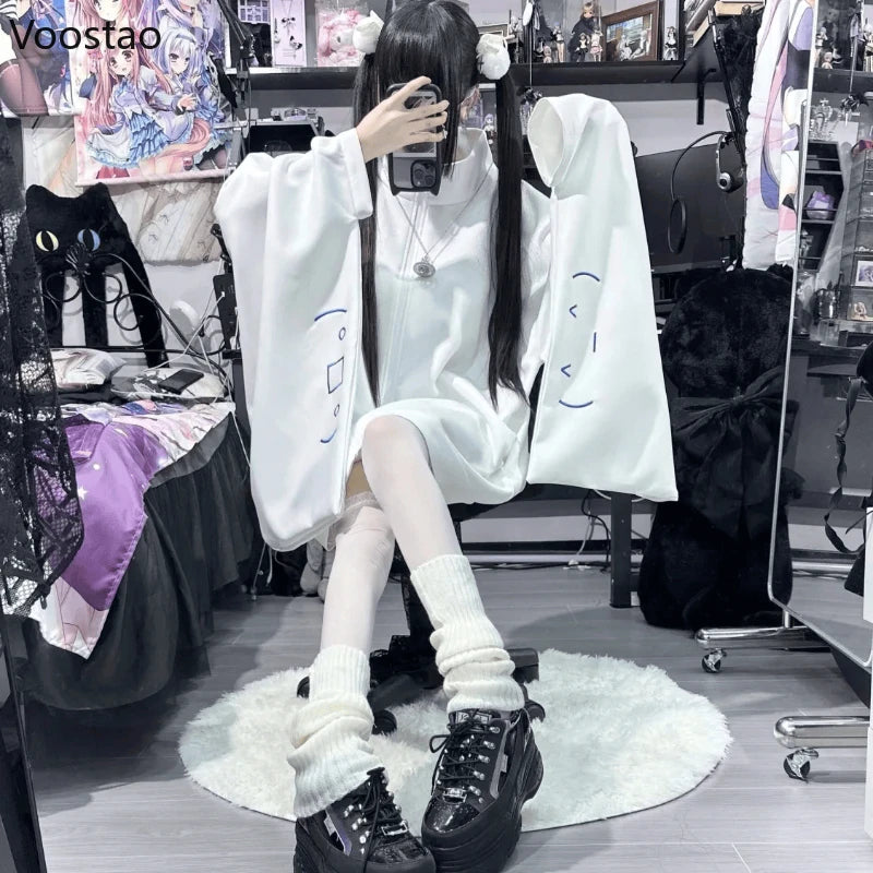 Japanese Kawaii White Hoodies Women Y2k Aesthetic Oversized Embroidery Jacket Harajuku Zipper Grunge Loose Sweatshirts Autumn