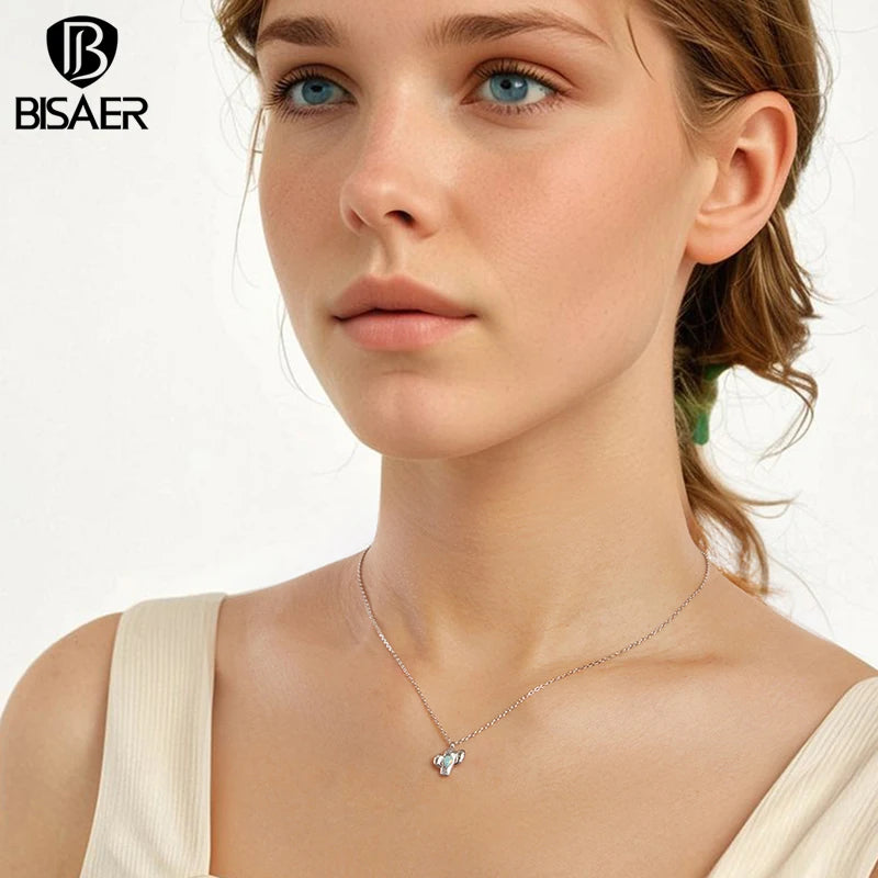 BISAER 925 Sterling Silver Cactus Pendant Necklace Water-drop Opal Chain Plated White Gold For Women Party Fine Jewelry ECN536